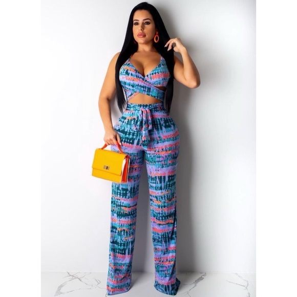 Cameo | Purple & Pink tie dye print two piece pant set | medium - Picture 2 of 10